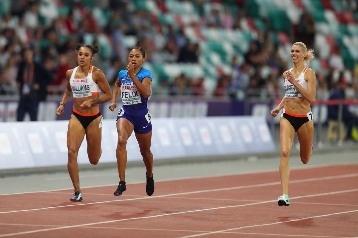 Minsk, Belarus - September 9, 2019 : Athletic match Europe v USA Minsk 2019. Famous American runner Allyson Felix(in the centre)