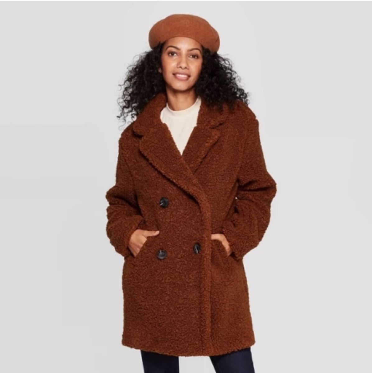 woman in brown teddy bear coat and beret, women's coats for winter