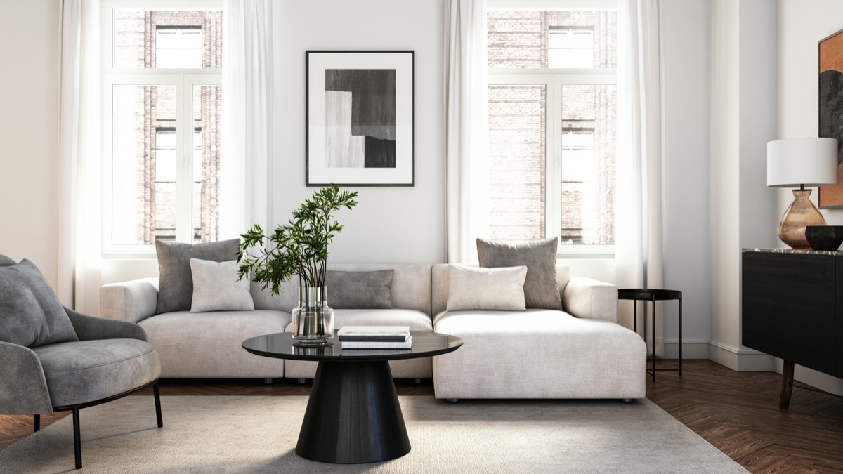 modern living room with decorative pillows on couch