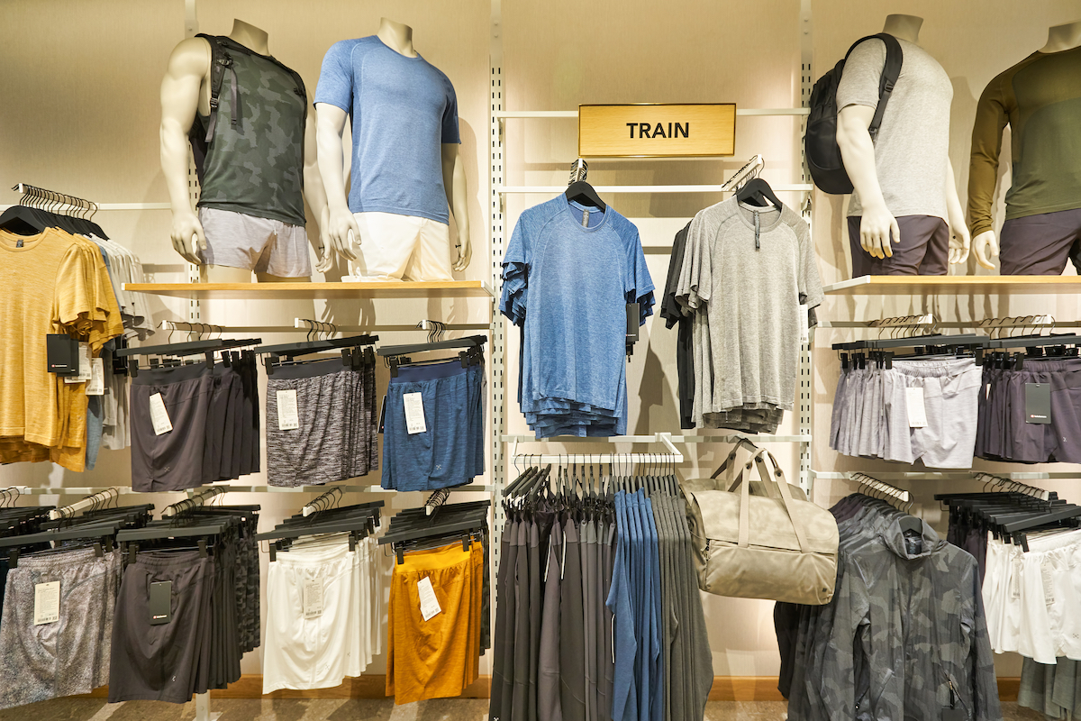 Men's workout clothing display at a Lululemon store