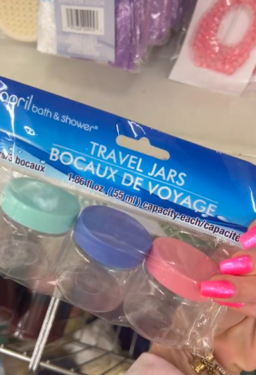 still from TikTok of travel jars being sold at Dollar Tree