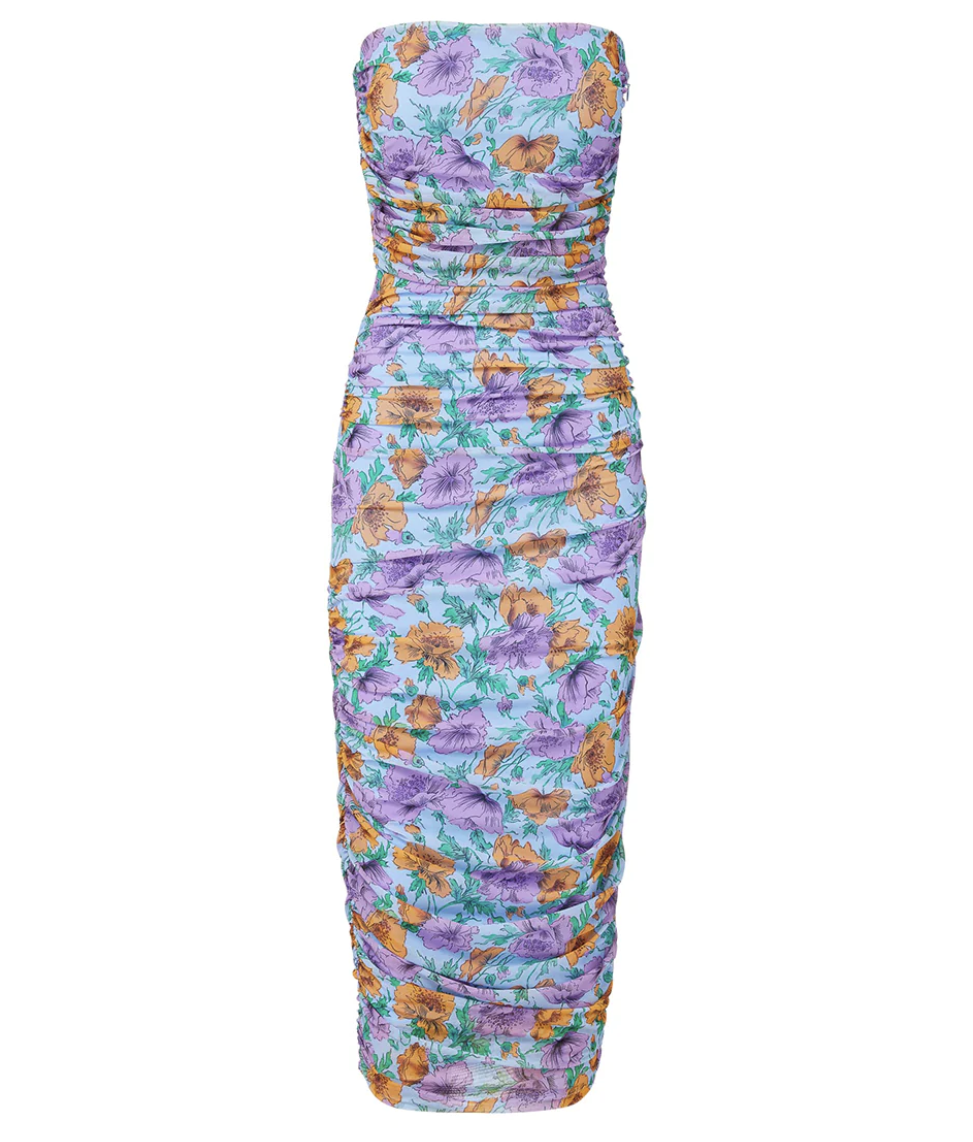 Product shot of a ruched strapless floral-print dress by Veronica Beard