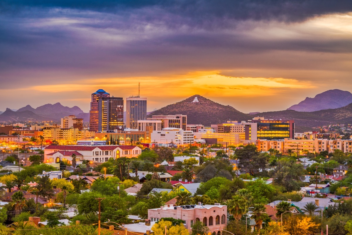 Tucson, Arizona, USA downtown skyline with Sentinel Peak at dusk. (Mountaintop 