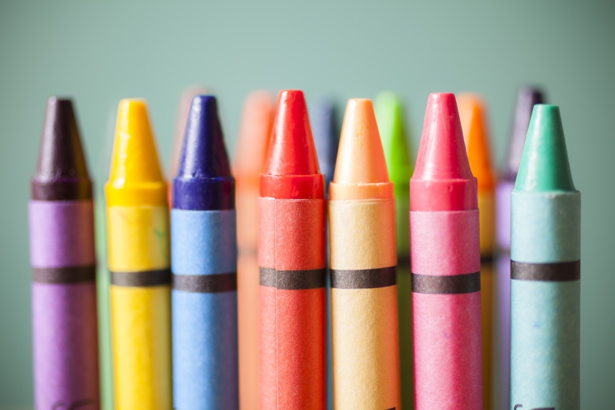 close up view of an assortment of crayons pointed up