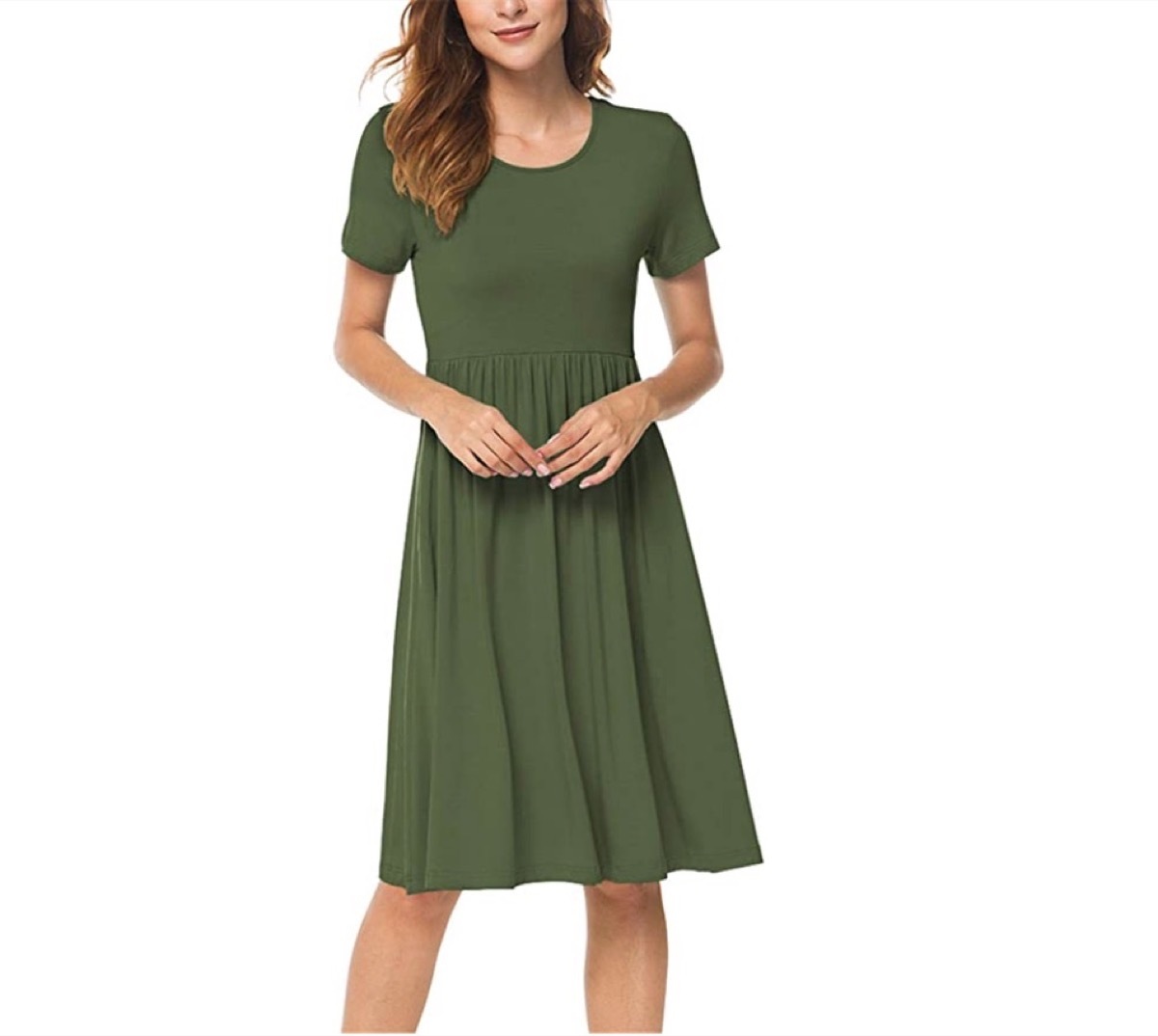 white woman in green dress