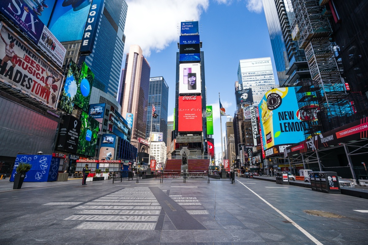 empty Times Square during coronavirus pandemic city lockdown