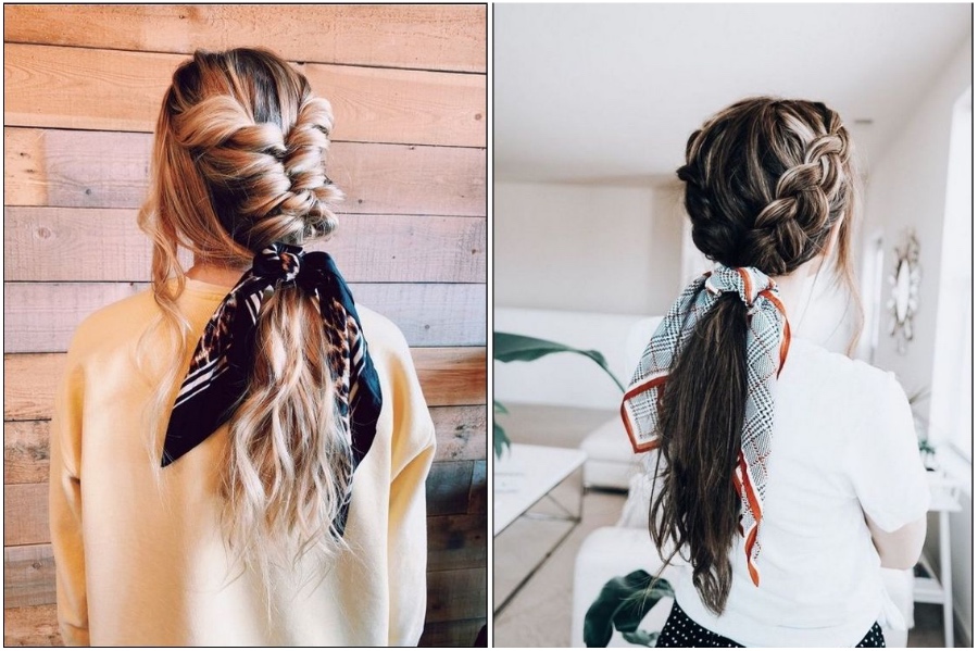 Dutch Braids With Hair Scarf | 12 Pretty Long Hairstyles for Fall 2019 | Her Beauty