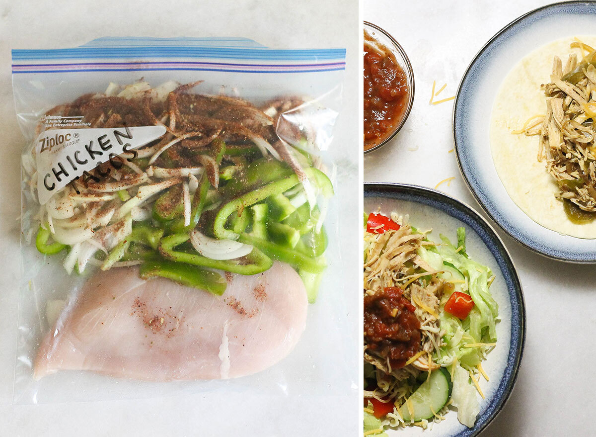 Prepped chicken taco crock pot freezer meal next to salad and taco