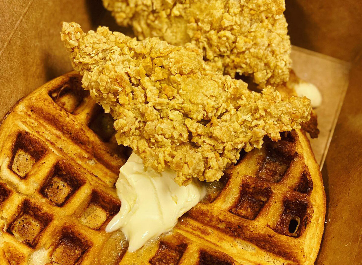 plate of vegan chicken and waffles