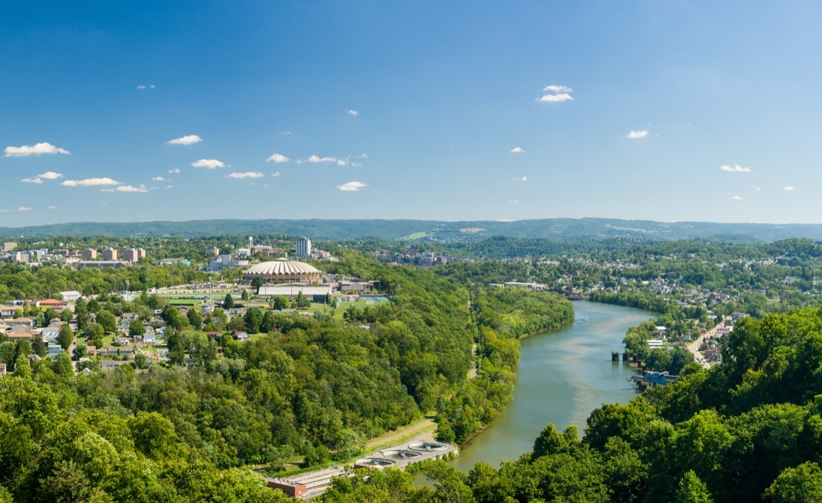 Panorama of WVU Coliseum Arena and campus of West Virginia University with river Monongahela in Morgantown, West Virginia