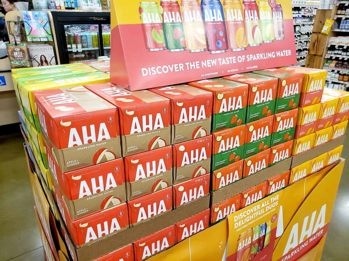 Temecula, California/United States - 03/16/2020: A view of several cases of AHA sparkling water, on display at a local grocery store.