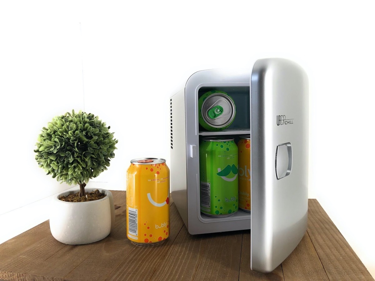 silver mini fridge