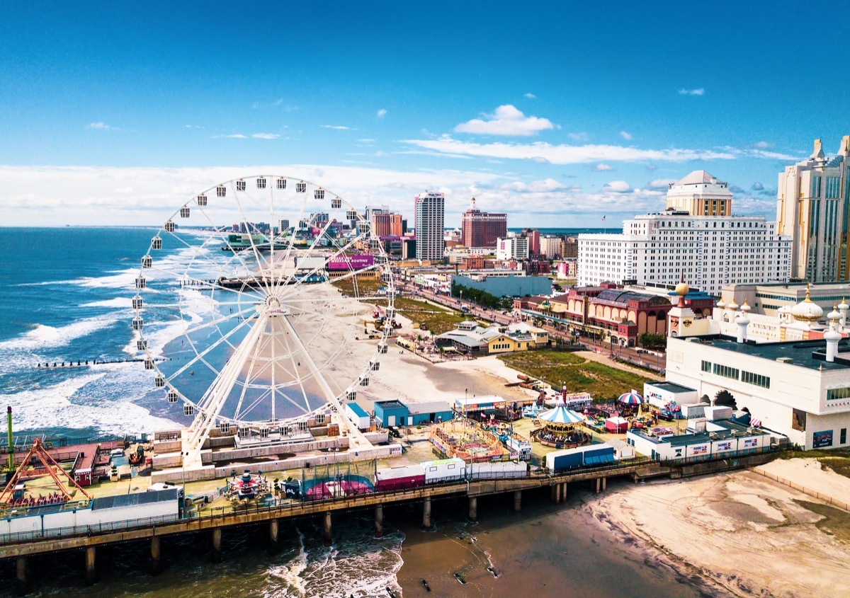 ATLANTIC CITY, USA - SEPTEMBER 20, 2017: Atlantic city waterline aerial view. AC is a tourist city in New Jersey famous for its casinos, boardwalks, and beaches