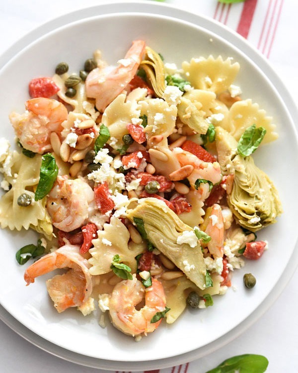 Shrimp recipes Shrimp Pasta with Roasted Red Peppers and Artichokes