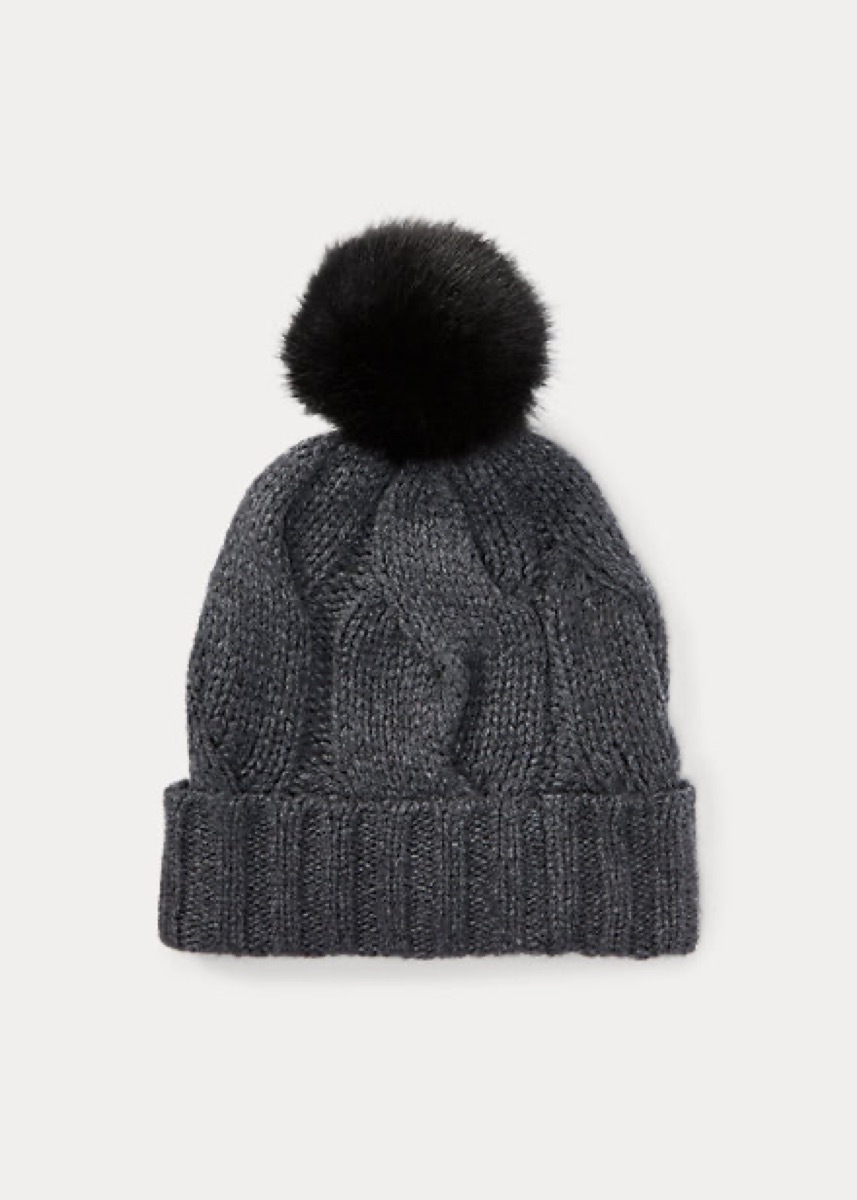 gray cable knit hat with pom pom