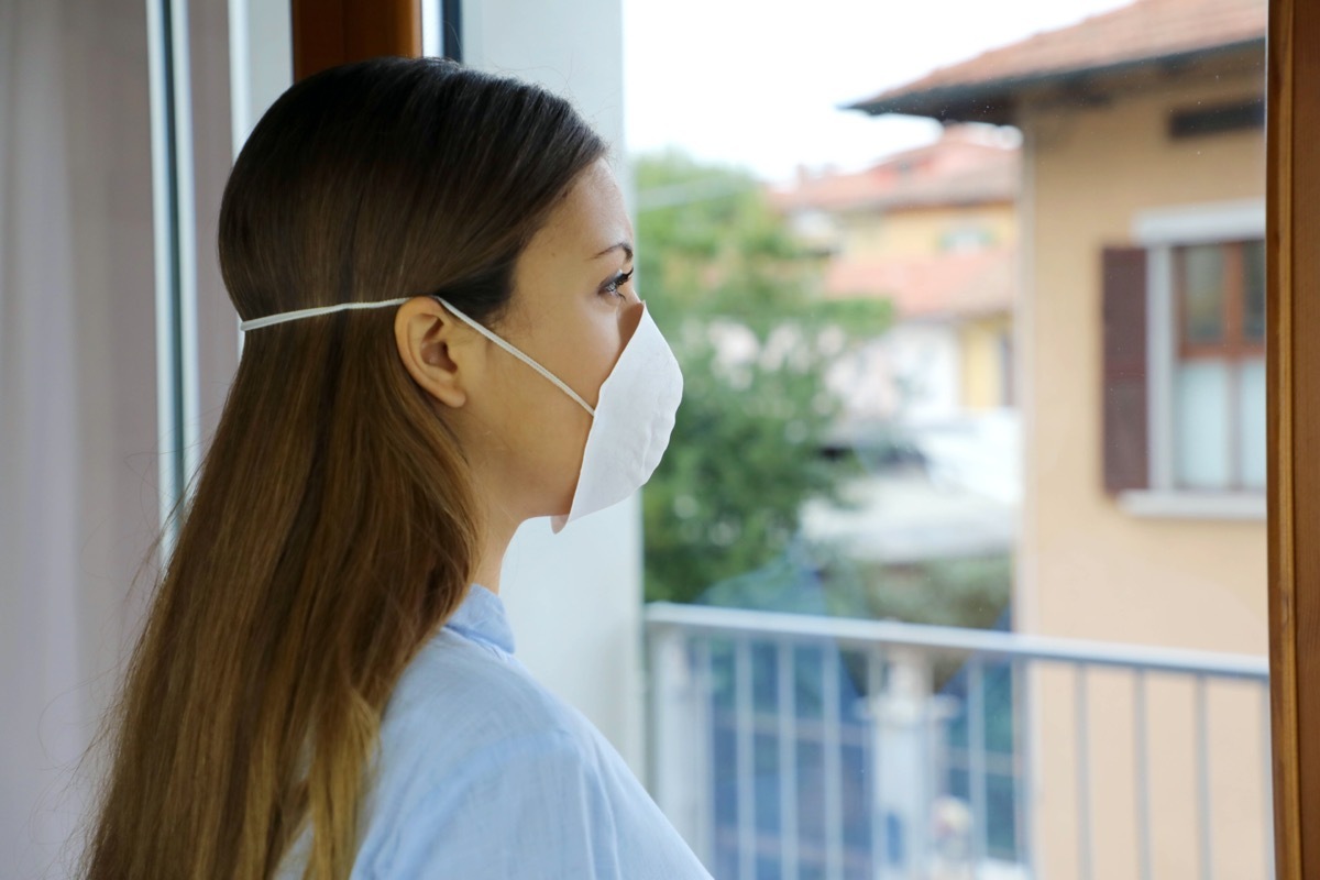 Woman isolation mask on face against Coronavirus Disease 2019.