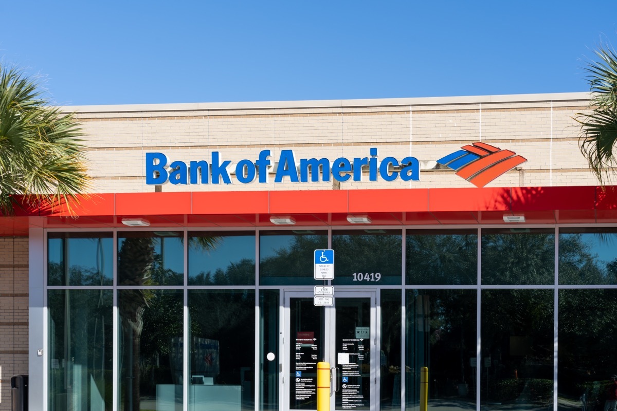 Orlando, FL, USA - January 29, 2022: Close up of Bank of America sign on the building. The Bank of America Corporation is an American multinational investment bank.