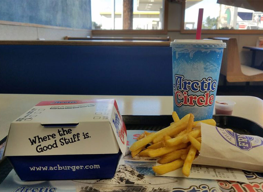 Arctic circle burger fries drink on tray in restaurant