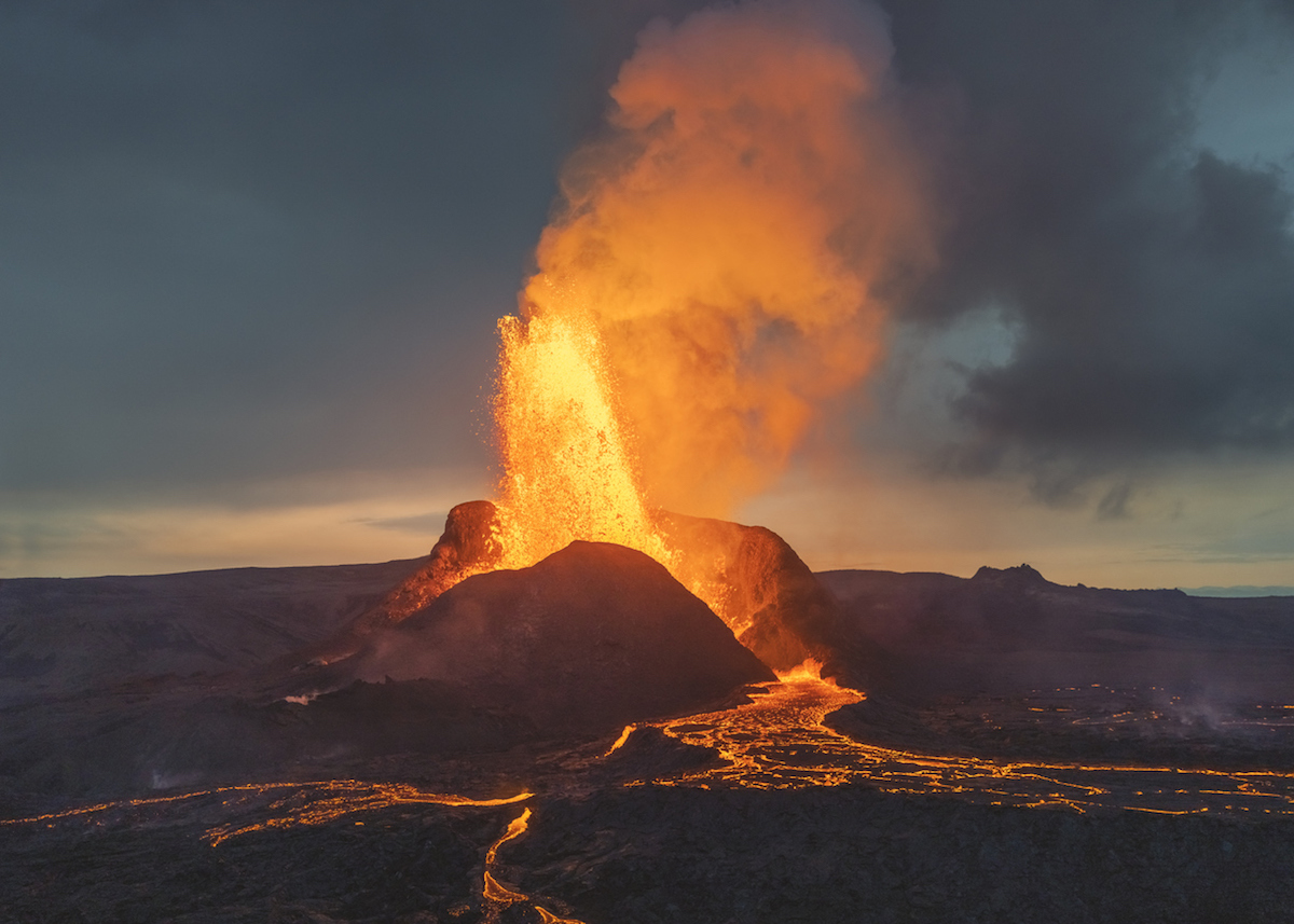 Glowing lava from the volcano eruption in Iceland. Powerful volcanic show from Mother Nature in all its beauty