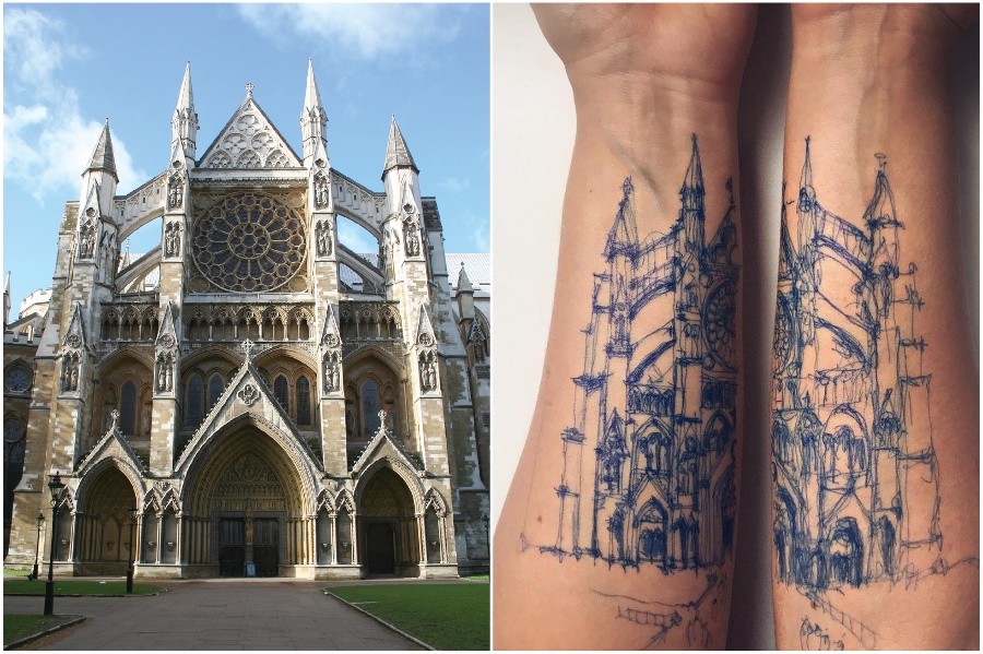  Westminster Abbey | Artist Uses Her Body As A Canvas For Architecture Sketches | Her Beauty