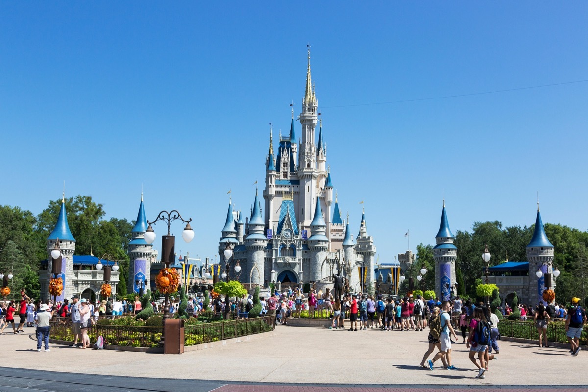 Walt Disney's Magic Kingdom theme park, showing the fairy tale castle, Orlando, Florida, USA