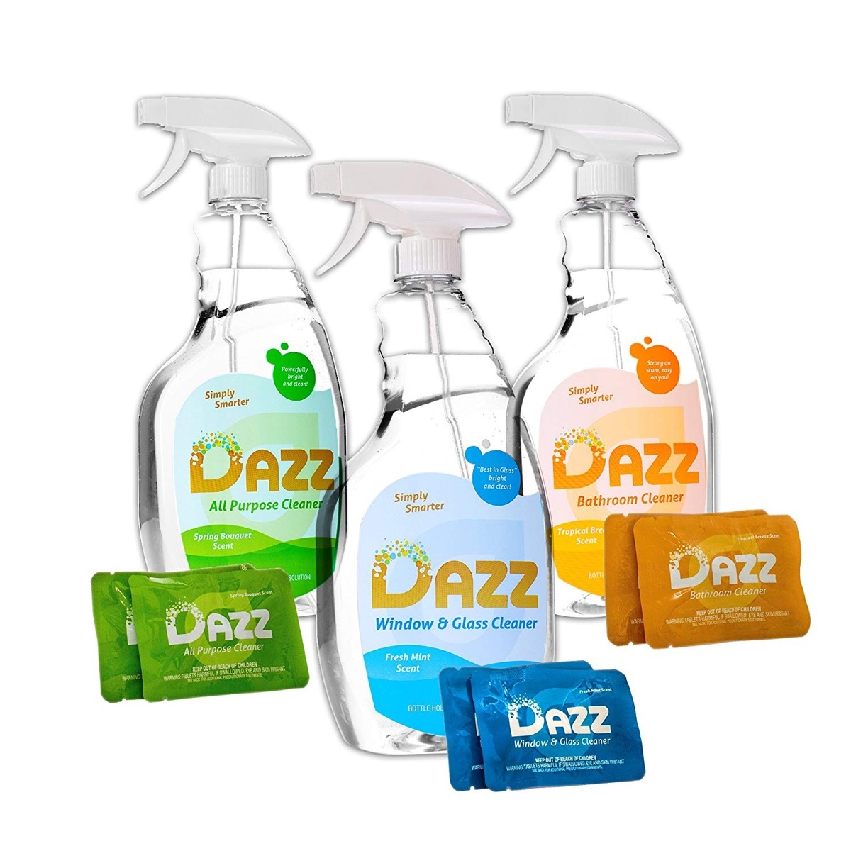 three clear bottles of cleaning products, earth friendly cleaning products