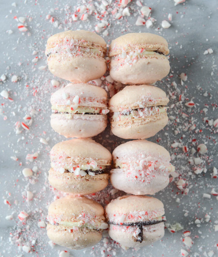 Pink peppermint bark macarons