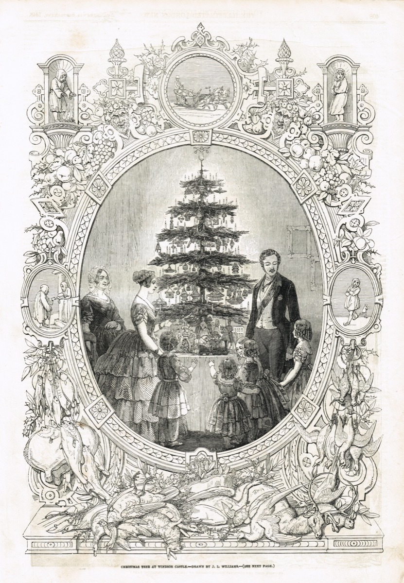 Victoria, Albert, and the Royal Family gathering around the Christmas Tree at Windsor Castle in 1848