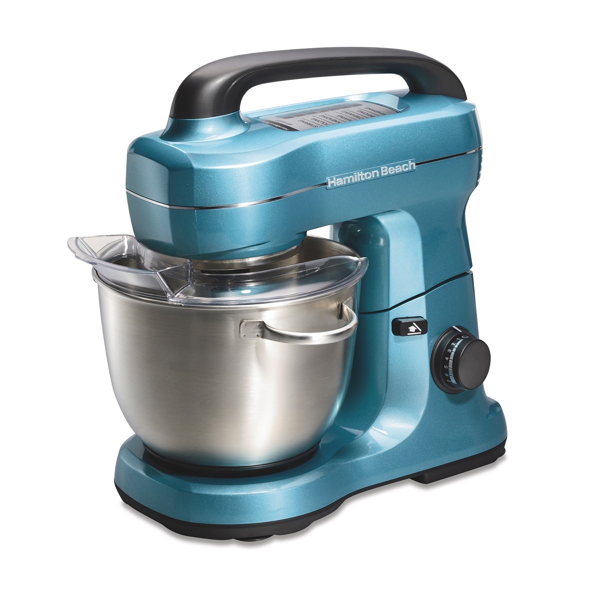 A blue Hamilton Beach electric stand mixer