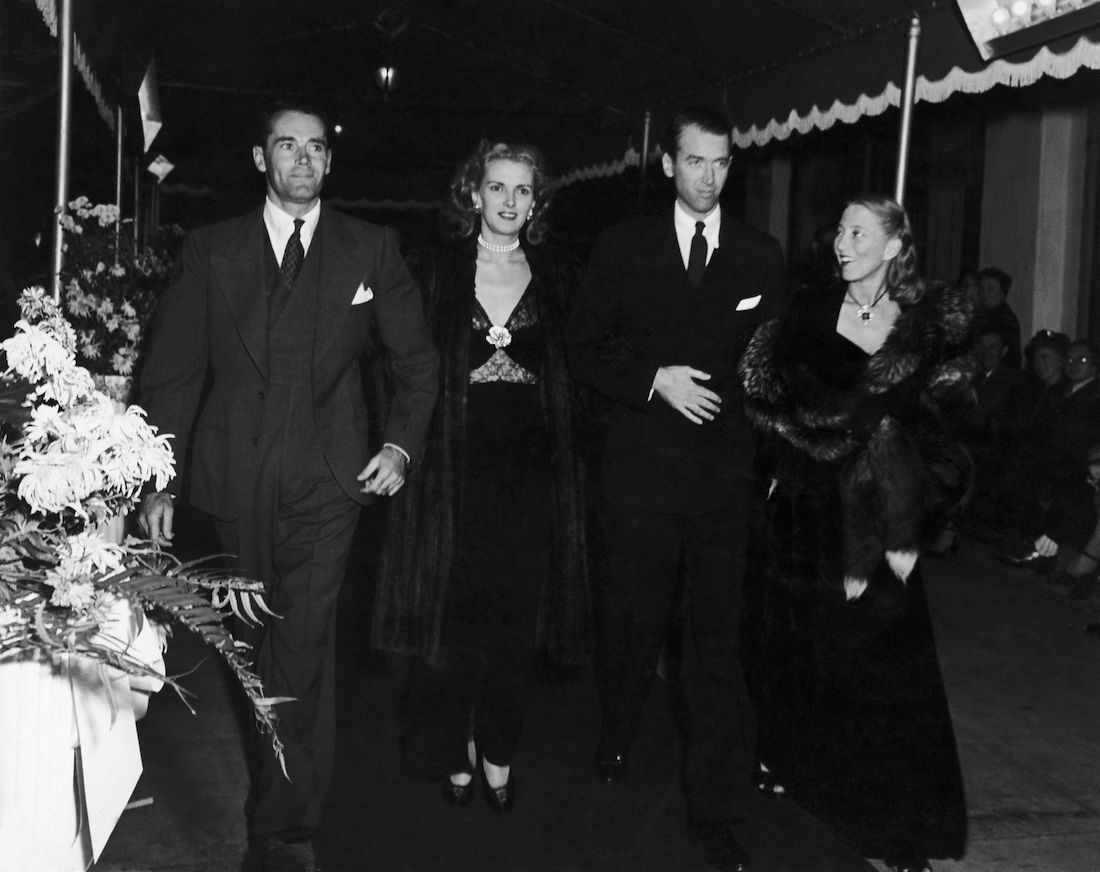 Henry Fonda, Anita Colby, Jimmy Stewart, and Frances Fonda at the premiere of 