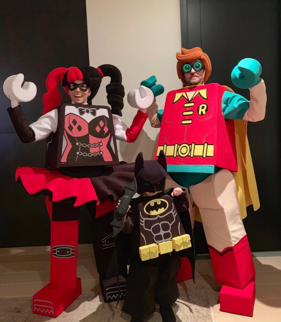 Jessica Biel, Justin Timberlake, and Silas in Lego Halloween costumes