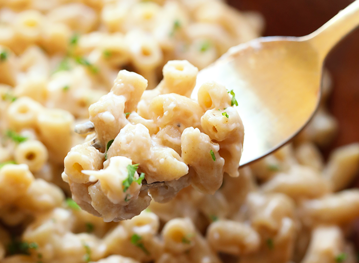 forkful of creamy whole wheat mac and cheese