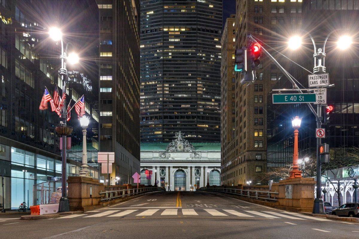 Empty Park Avenue leading to Grand Central Terminal during the Coronavirus epidemic in New York City.