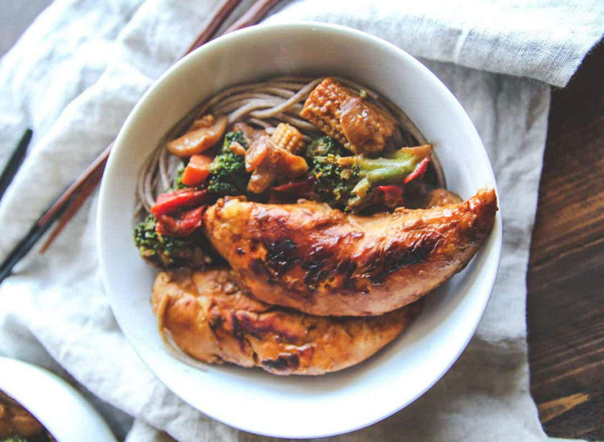 chicken stir fry in a bowl