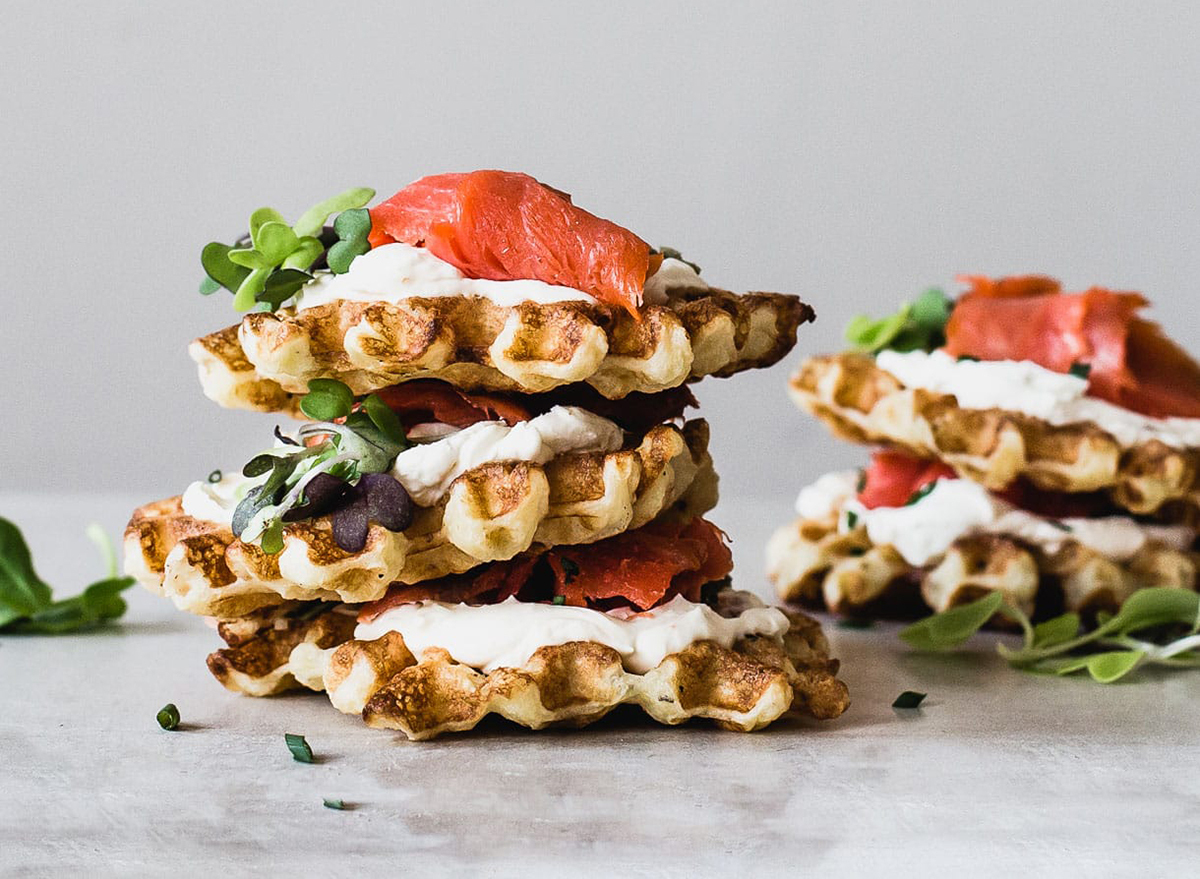 waffles topped with cream cheese and lox