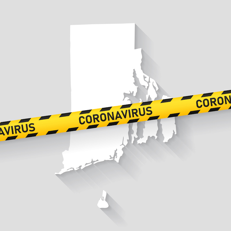 Map of Rhode Island with a coronavirus warning tape