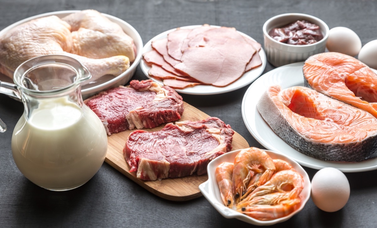 Plate of Various Meats, Eggs and a Pitcher of Milk