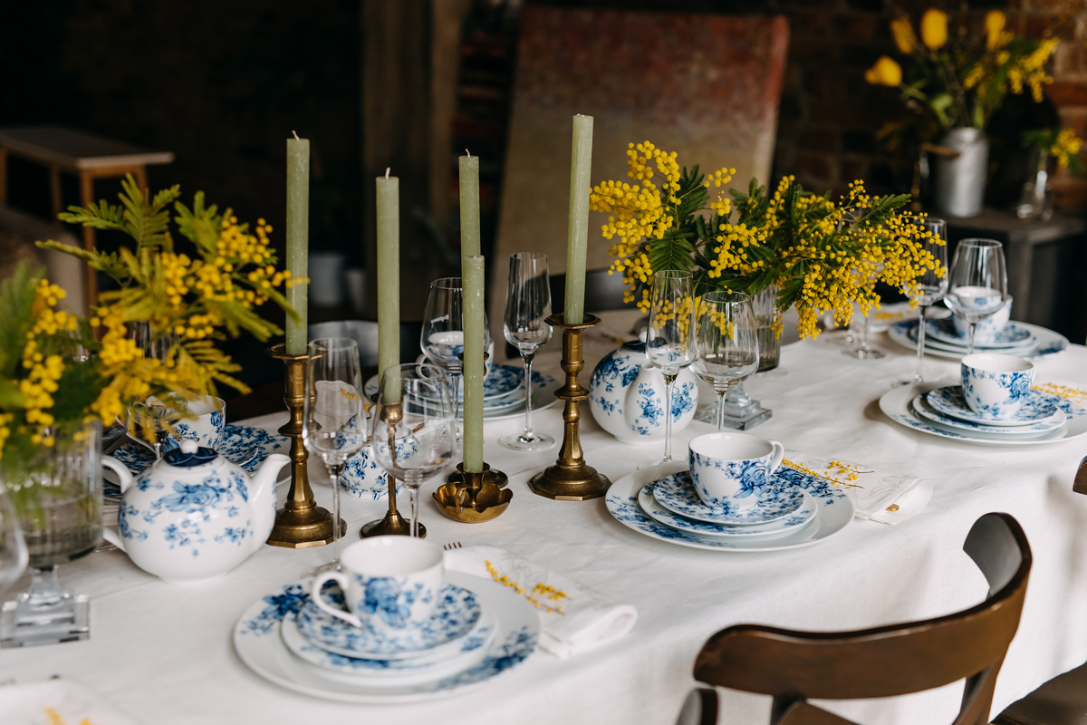 Table set with blue and white china