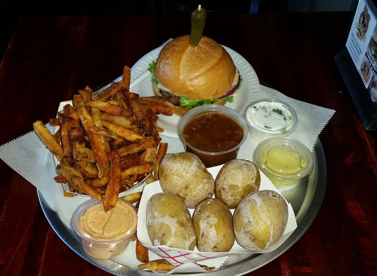 rileys hot dog burger gourmet house with fries and salty potato balls