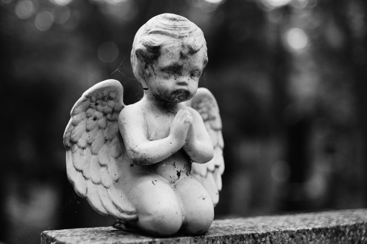 Statue of a praying angel on the grave