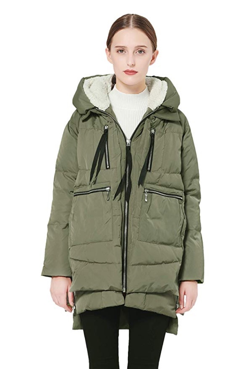 woman in green puffer coat and black leggings, women's coats for winter