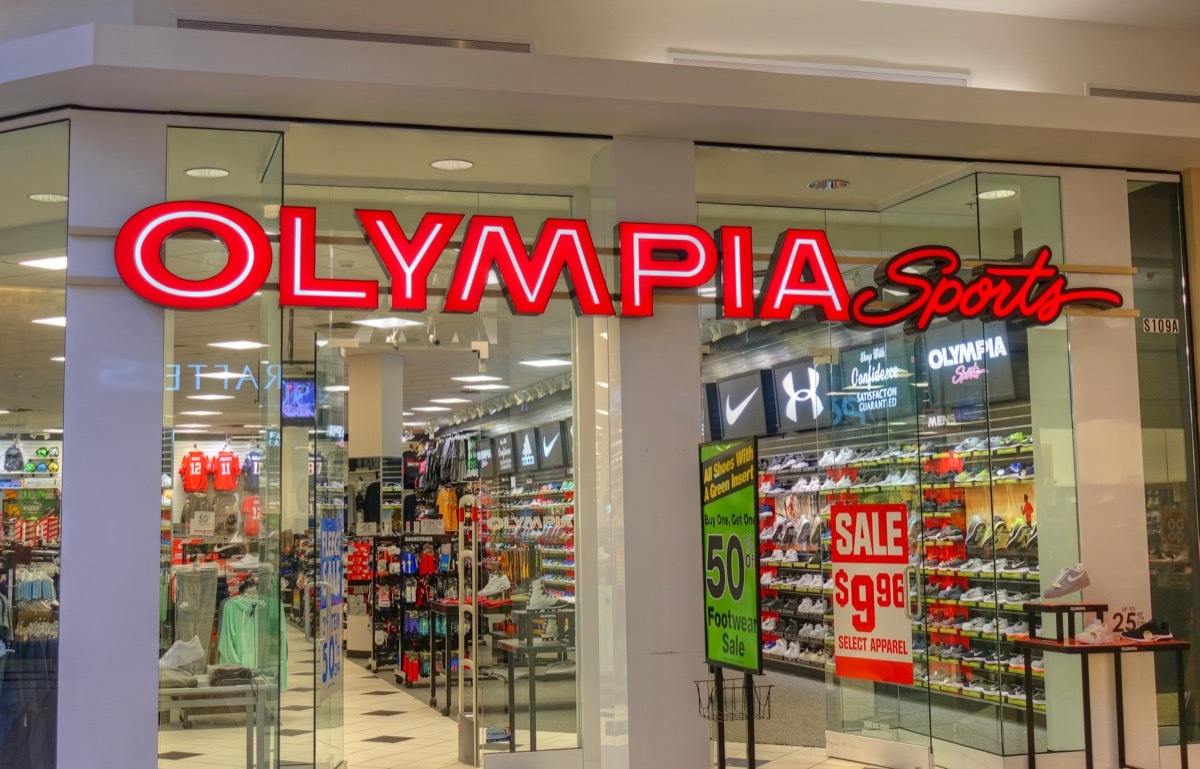 HDR image, Olympia Sports retailer mall store entrance, Peabody Massachusetts USA, October 18, 2017