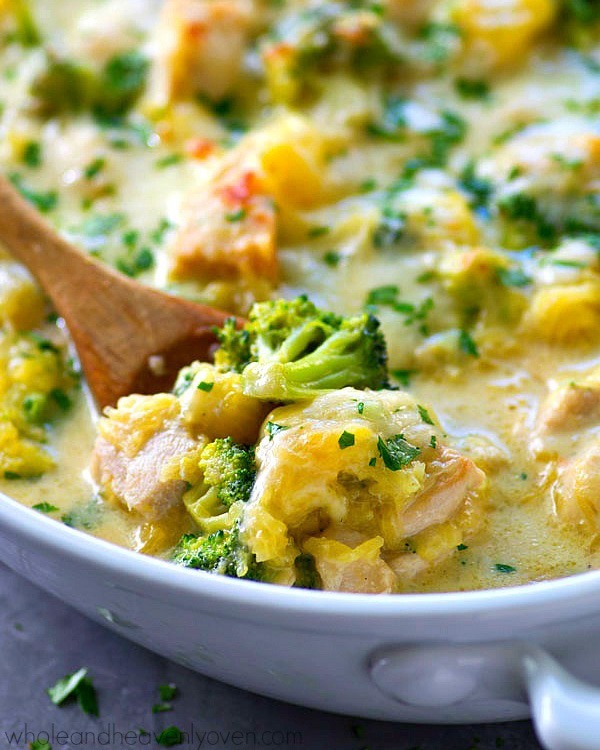 three cheese chicken and broccoli spaghetti squash bake