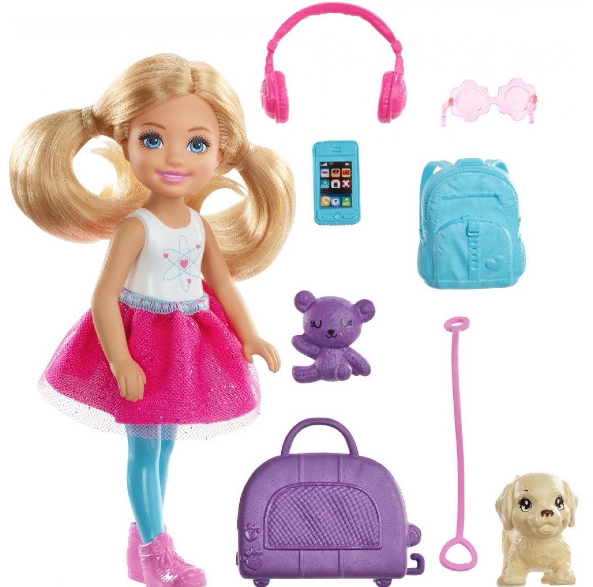 small blonde barbie doll and toy dog