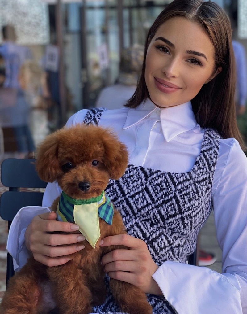 Olivia Culpo sits with new brown dog Oliver