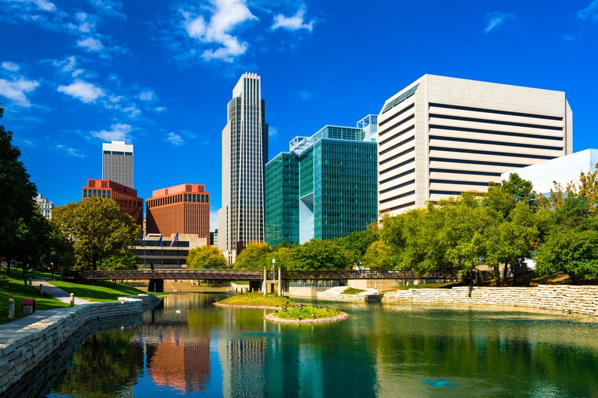 Downtown Omaha skyline with the Gene Leahy Mall in the foreground