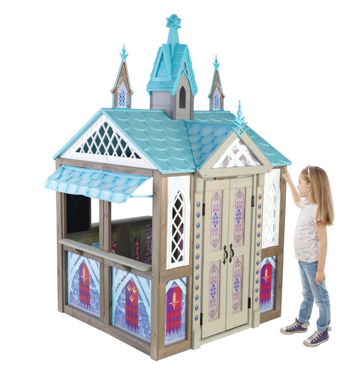 castle-themed wooden playhouse with blue top