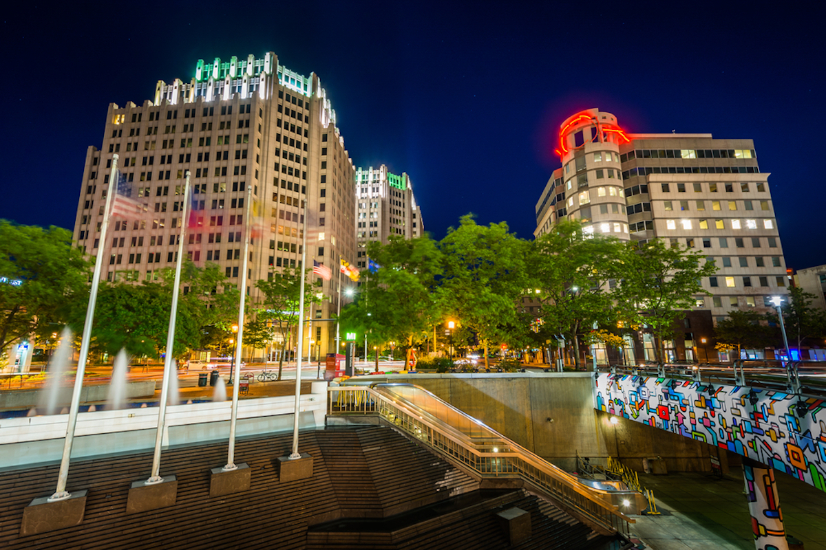 image of downtown bethesda, maryland at night