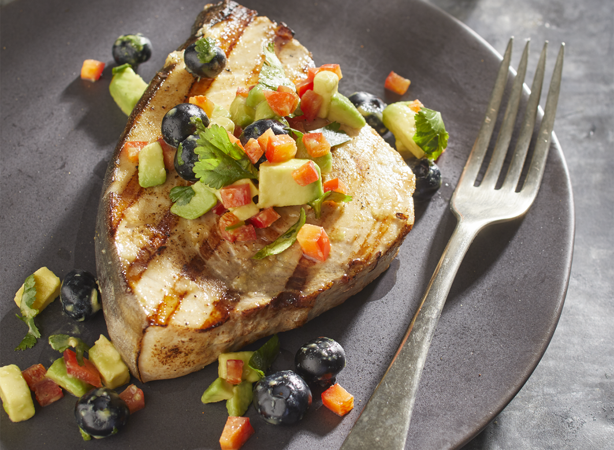 seared ginger cumin swordfish with blueberry avocado salsa