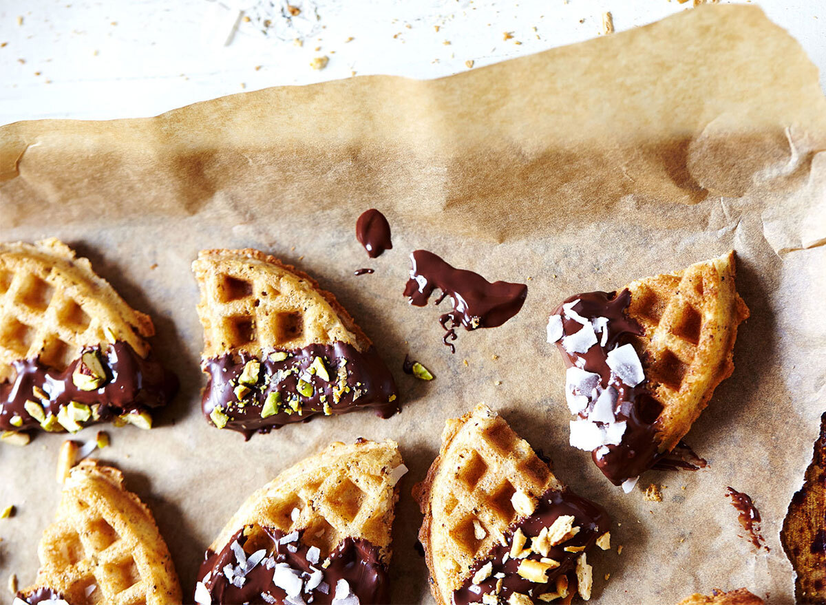 chocolate covered waffle bites on baking sheet